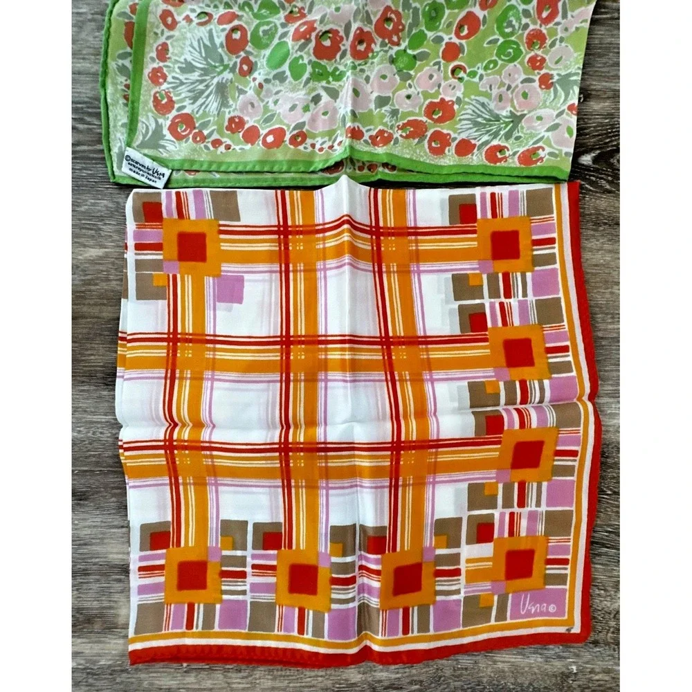 Vtg Vera Scarf Set 2 Green Pink Orange Geometric Floral Silk Rayon Blend Japan